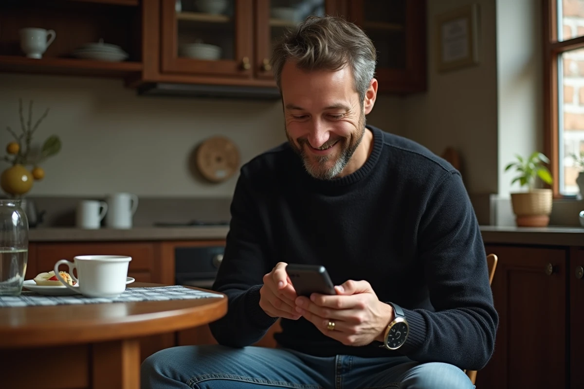 Homme souriant tenant un vieux téléphone Sony Ericsson dans une cuisine chaleureuse