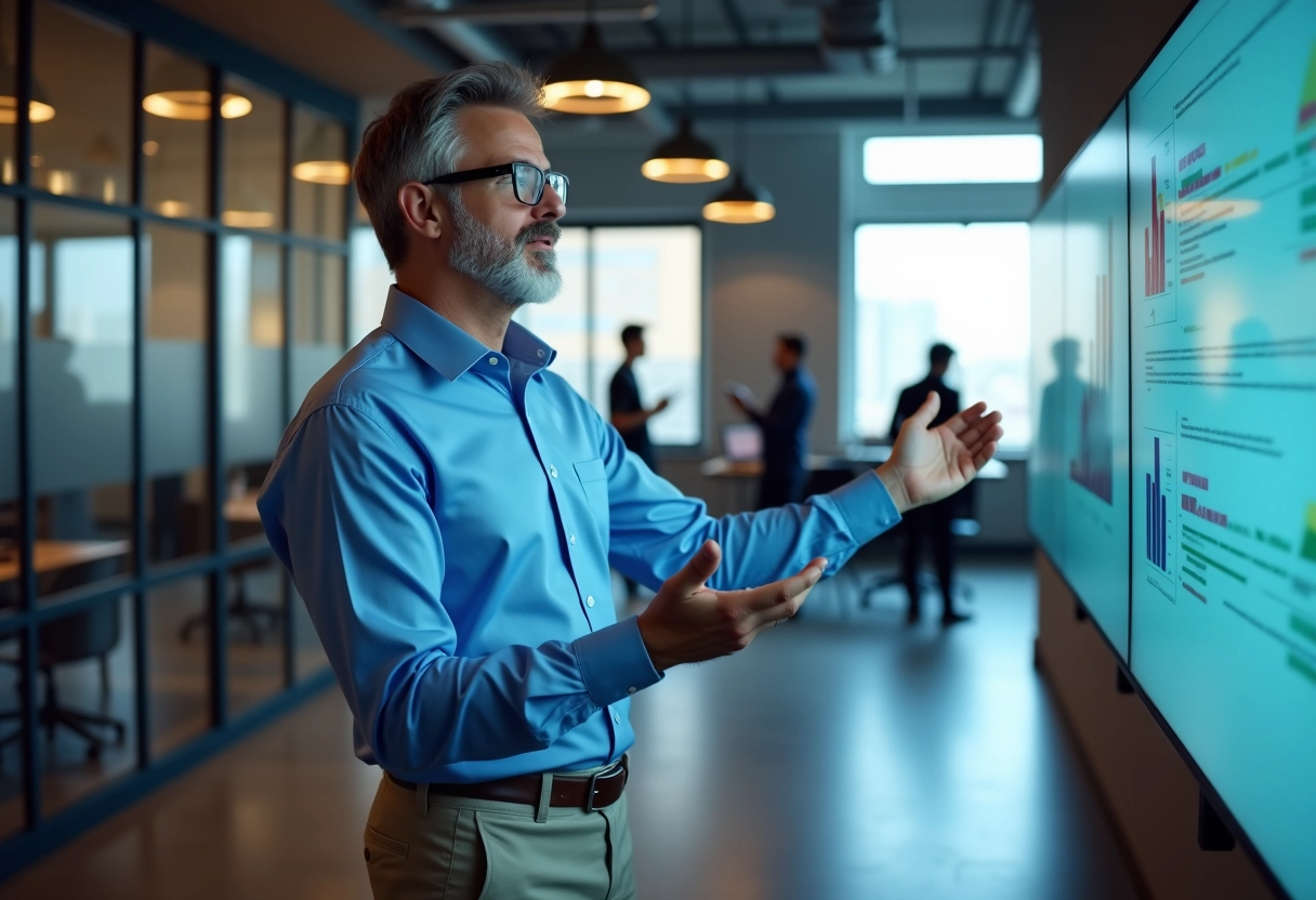 Homme en présentation de données dans un bureau moderne