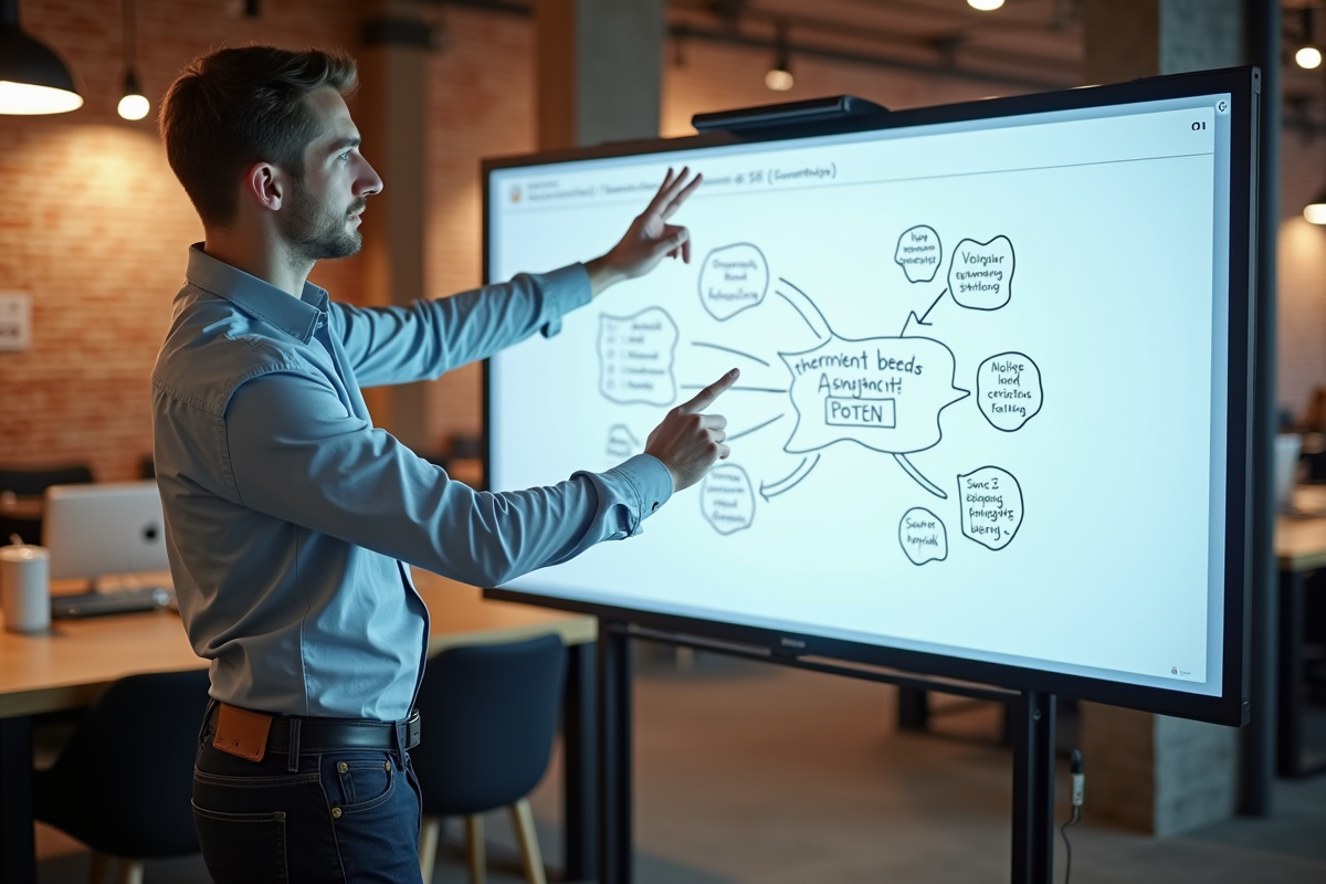 Jeune homme expliquant un workflow SEO devant un tableau blanc