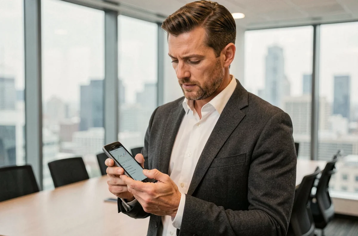 Homme professionnel en costume utilisant un Nokia Lumia 930 dans une salle de réunion vitrée avec vue sur la ville