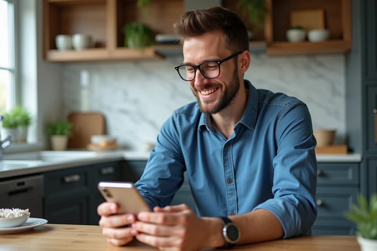 Homme inspectant un smartphone reconditionne dans une cuisine chaleureuse