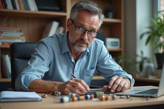 Homme en tenue casual examine des resistances électroniques