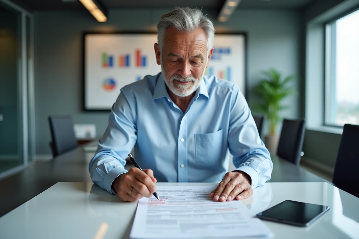 Homme vérifiant un rapport Excel imprimé en réunion