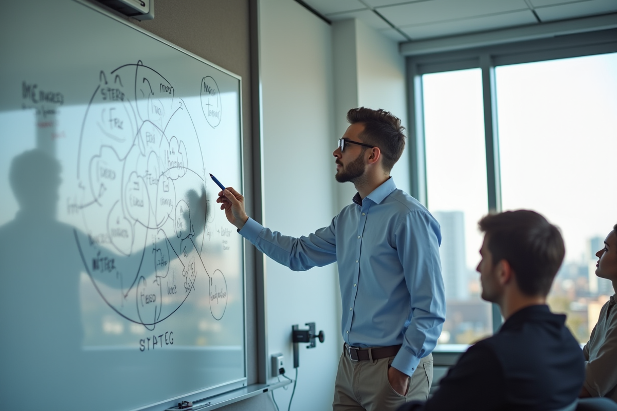 Jeune homme expliquant une strategie SEO devant un tableau blanc