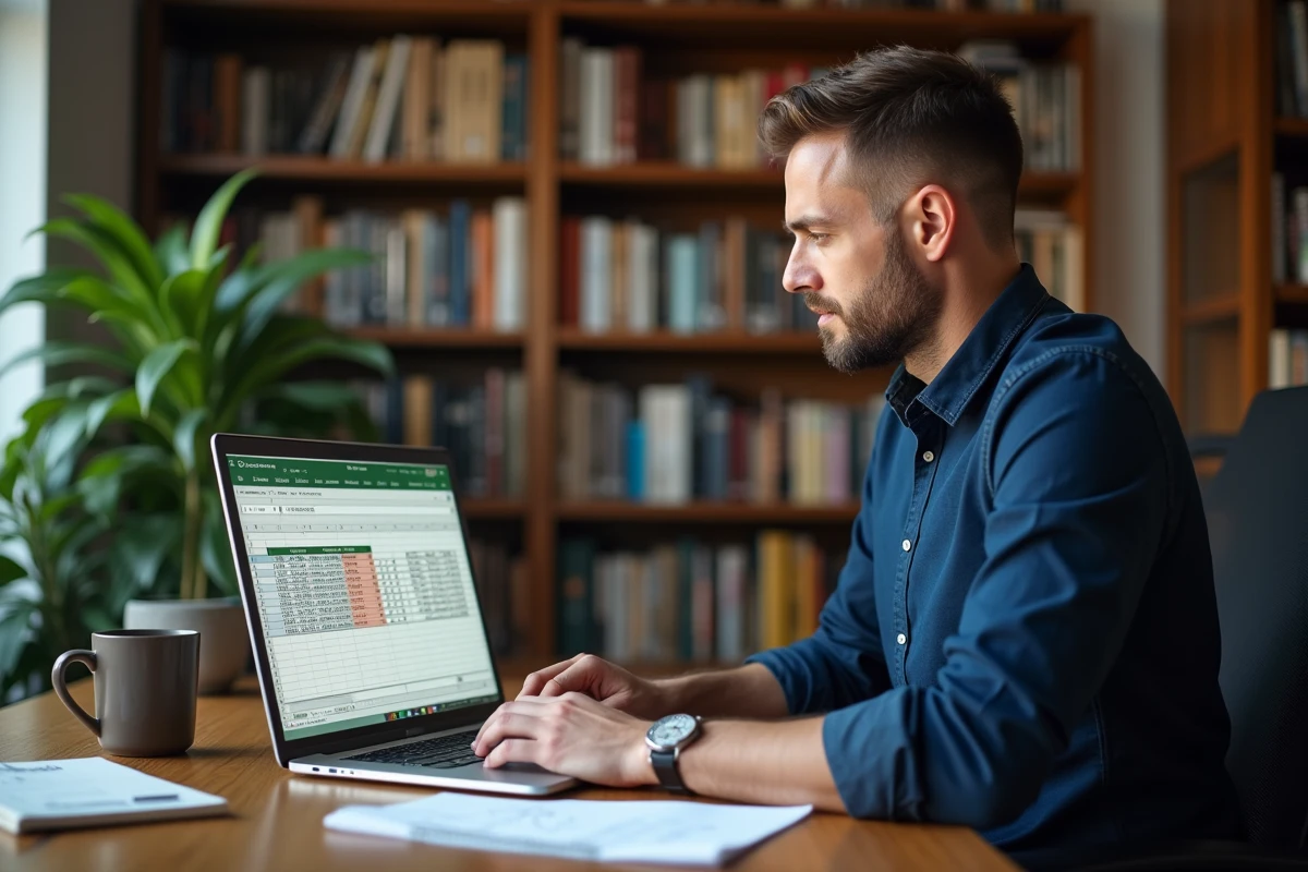 Homme travaillant sur Excel depuis son bureau à domicile pour supprimer des doublons dans des colonnes