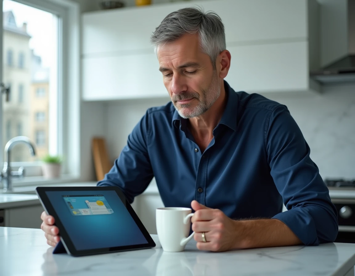 Homme utilisant une tablette Samsung pour retrouver la corbeille dans l'application Mes Fichiers