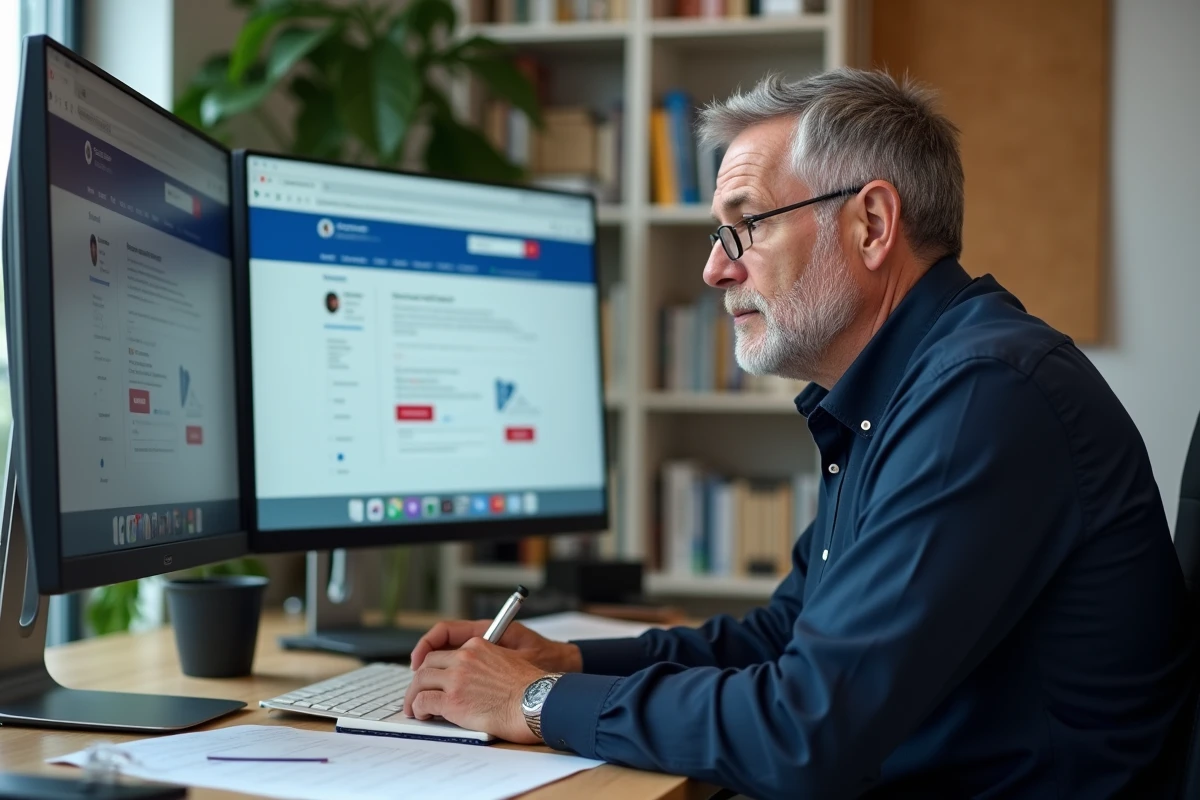 Homme comparant des sites sur son ordinateur au bureau