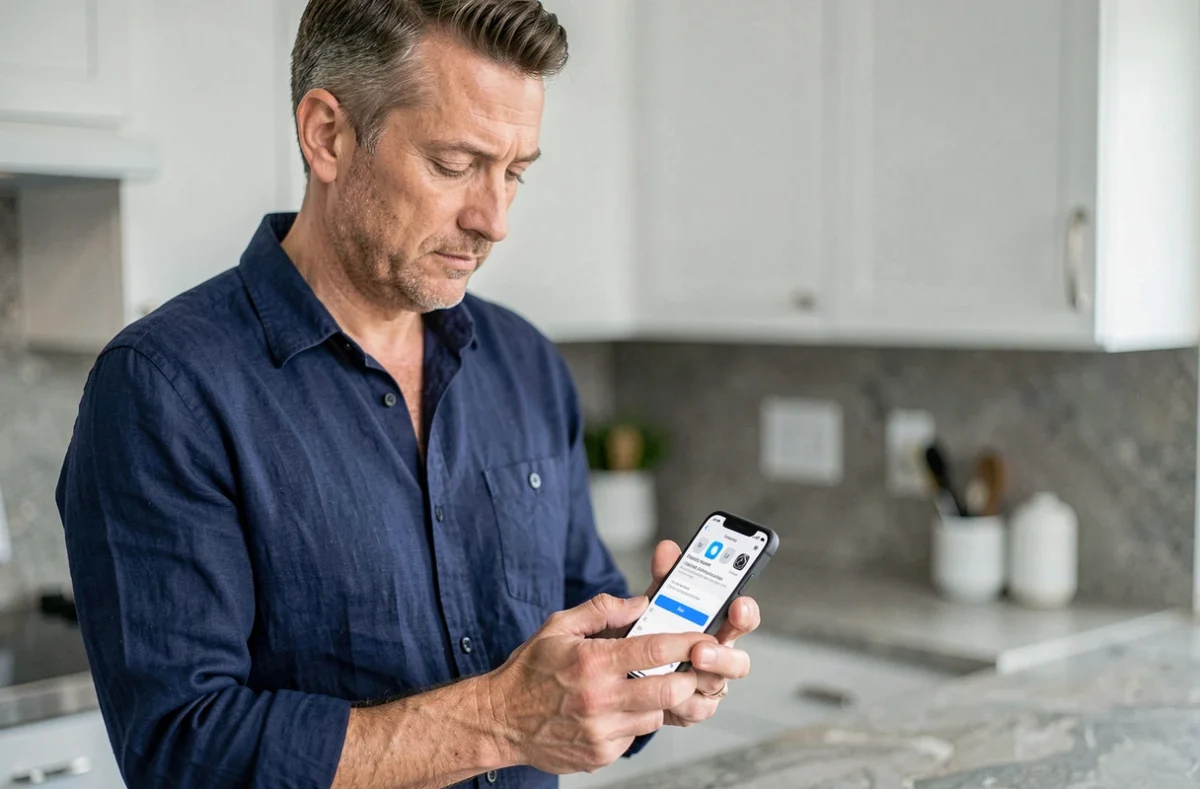 Homme vérifiant les nouveautés de la mise à jour iOS 18.4.1 sur son iPhone dans une cuisine moderne