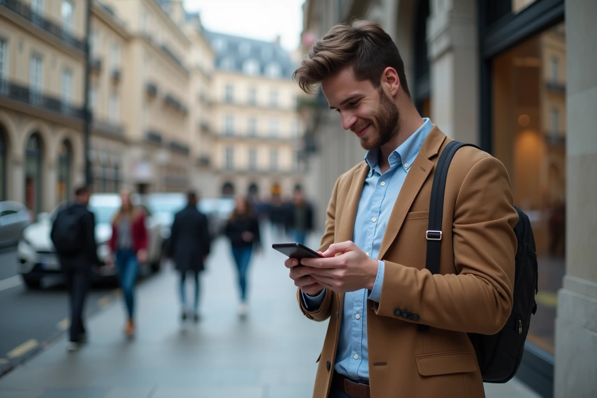Jeune homme dans la rue gérant ses emails sur son smartphone