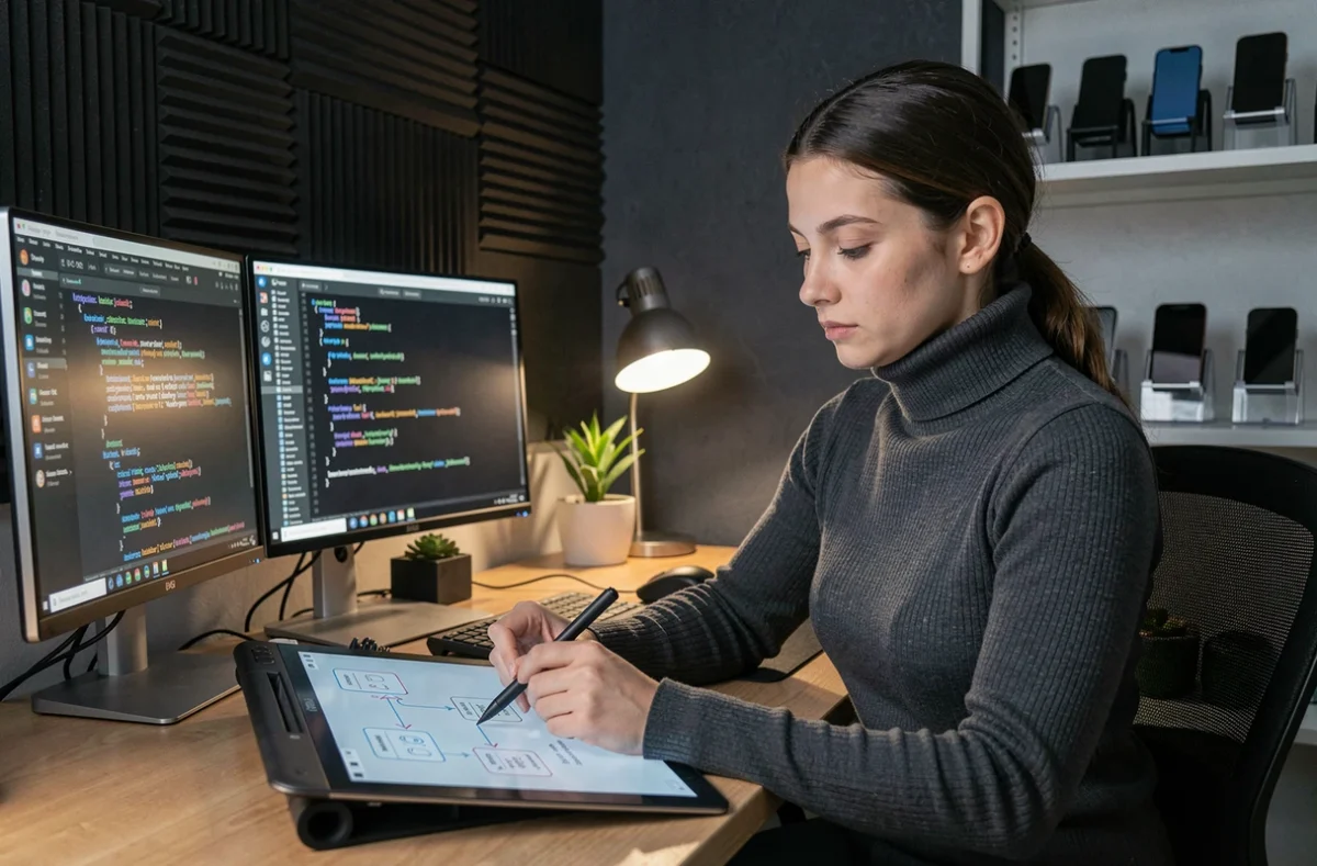 Développeuse mobile native de l'agence Idéine concentrée sur du code iOS et Android sur deux écrans dans un espace de travail spécialisé