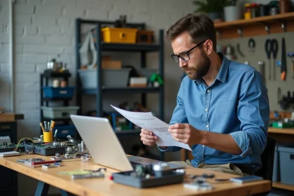 Ingénieur homme en atelier assemble un module électronique