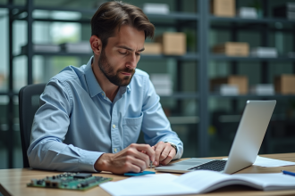 Ingénieur homme d'âge moyen examine une carte mère dans un bureau moderne