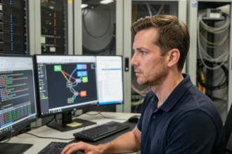 Ingénieur réseau analysant des requêtes DNS sur plusieurs écrans dans une salle de serveurs professionnelle