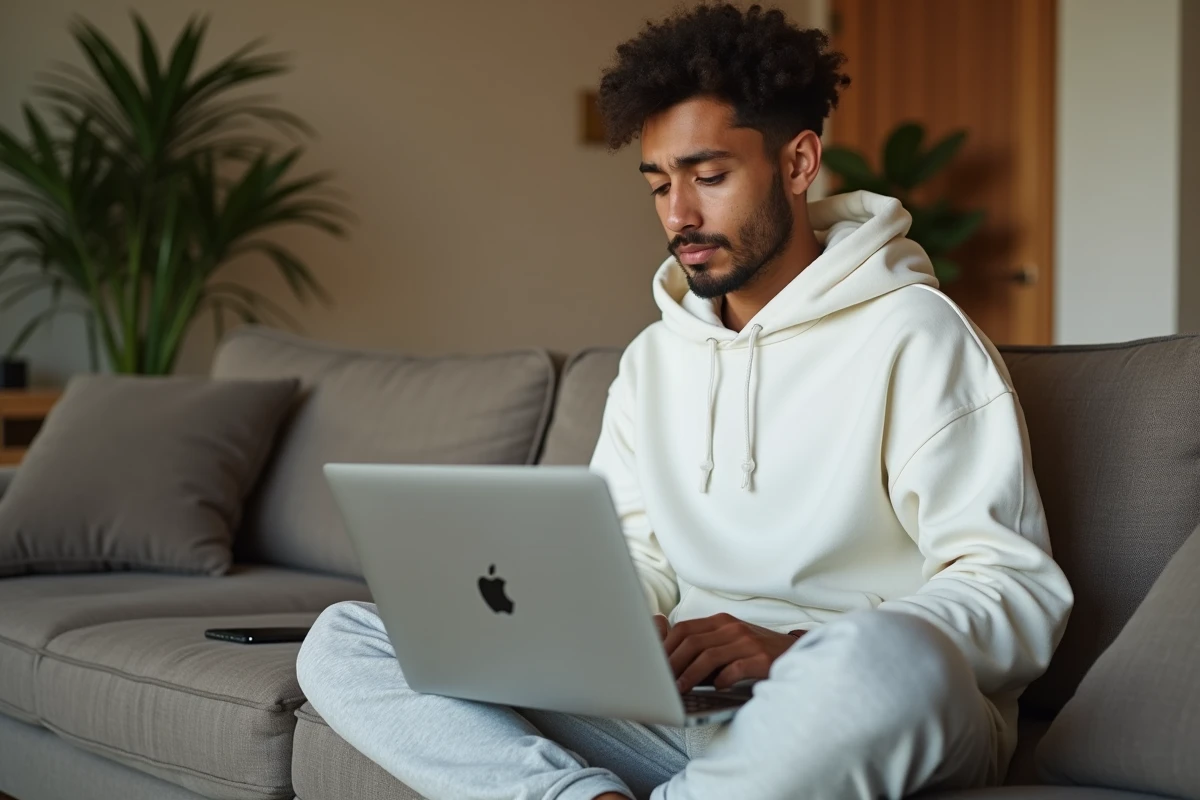 Jeune adulte consultant le site Apple sur un ordinateur portable avant de précommander un iPhone SE