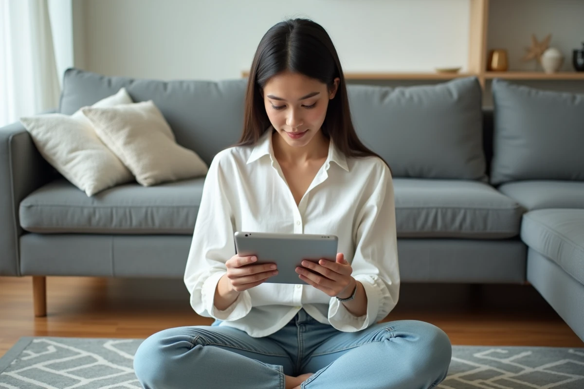 Jeune femme ouvrant une pièce jointe lourde depuis sa messagerie AOL Mail sur une tablette