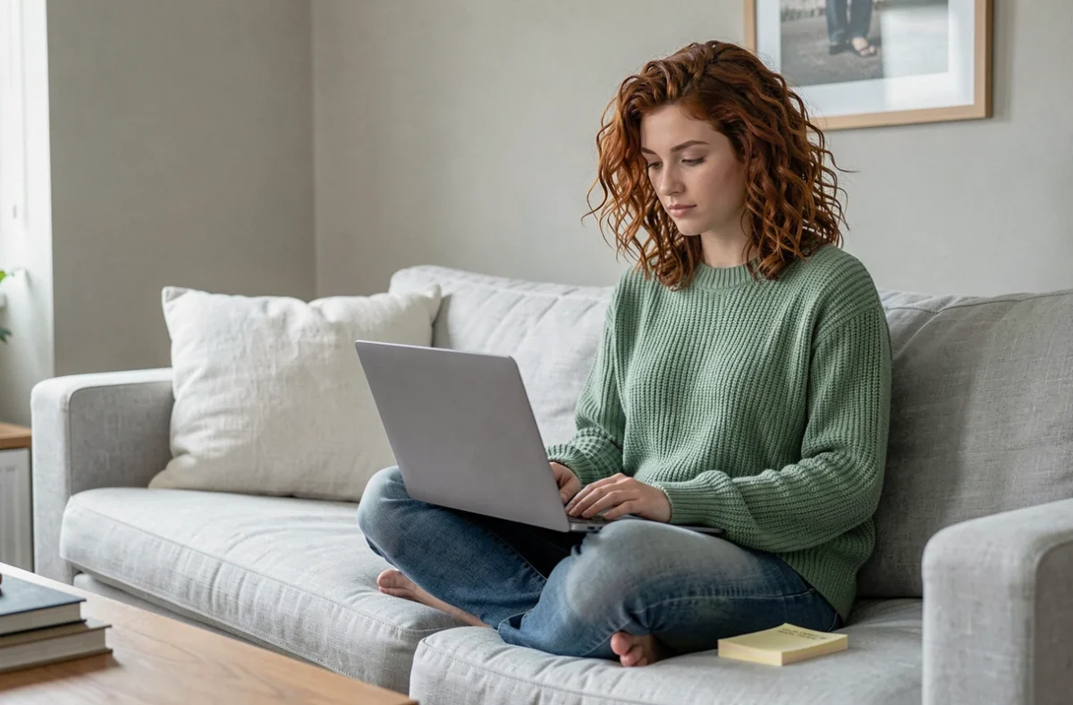 Jeune femme sur un canapé utilisant Word sur laptop pour résoudre un problème d'effet miroir