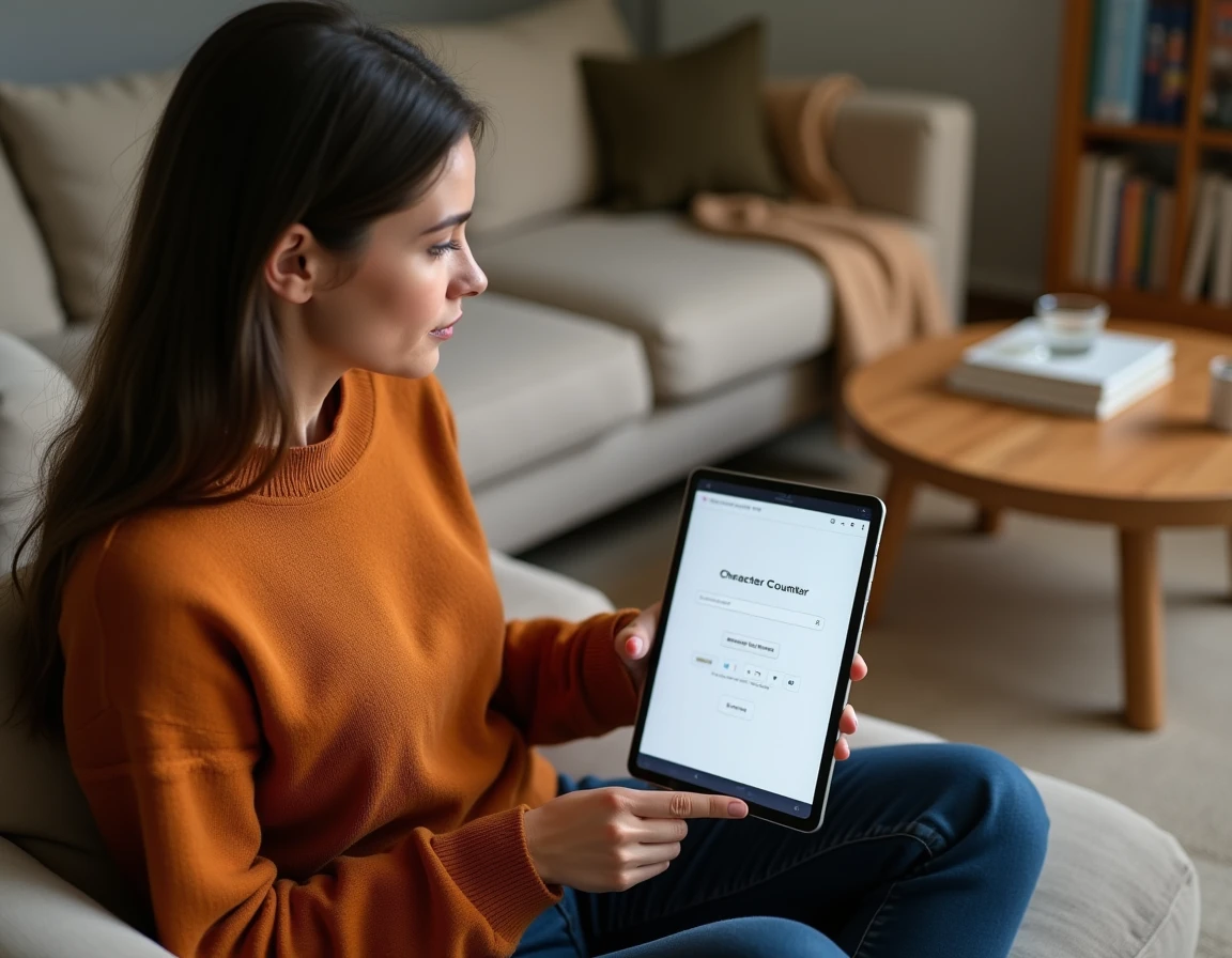Jeune femme consultant un compteur de caractères sur tablette pour rédiger une annonce Google Ads optimisée depuis son salon