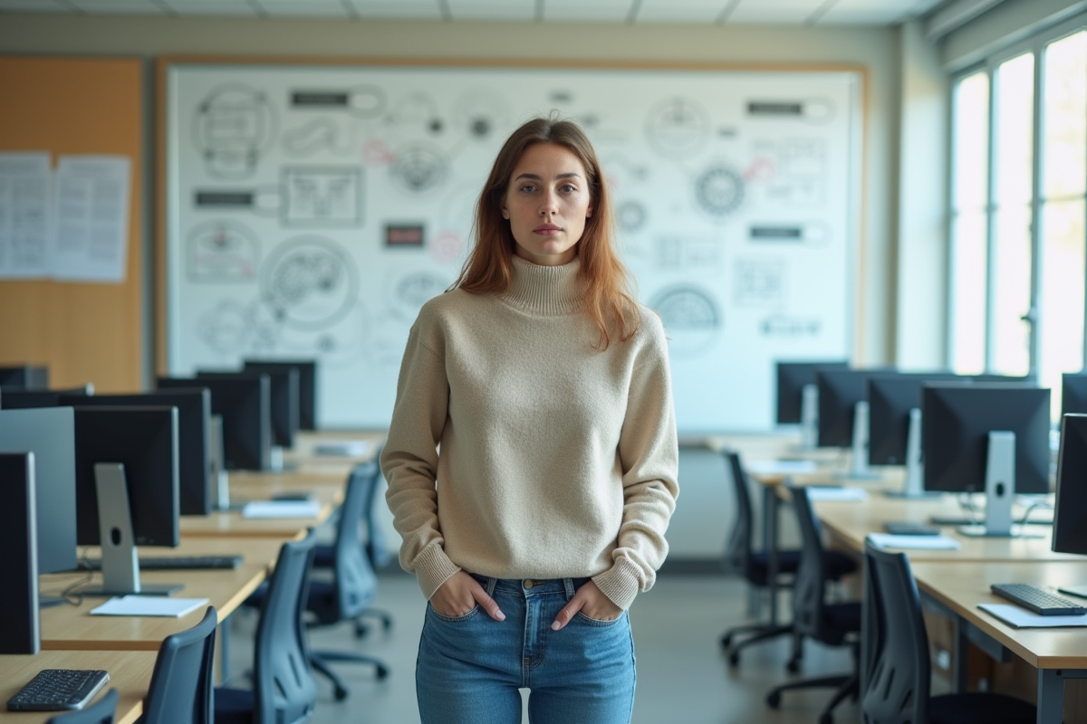Jeune femme en sweat devant un tableau blanc avec schémas informatiques