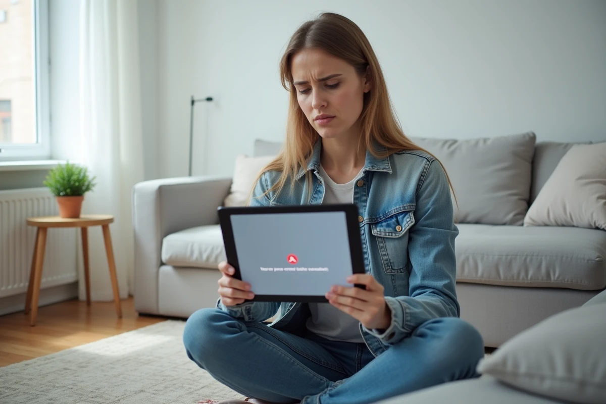 Jeune femme perplexe face à une erreur de service cloud sur sa tablette dans un appartement minimaliste