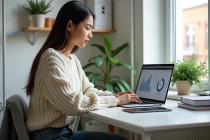 Jeune femme concentrée sur son ordinateur dans un appartement étudiant