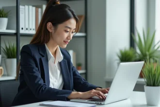 Jeune femme professionnelle consulte un webzine tech sur son ordinateur