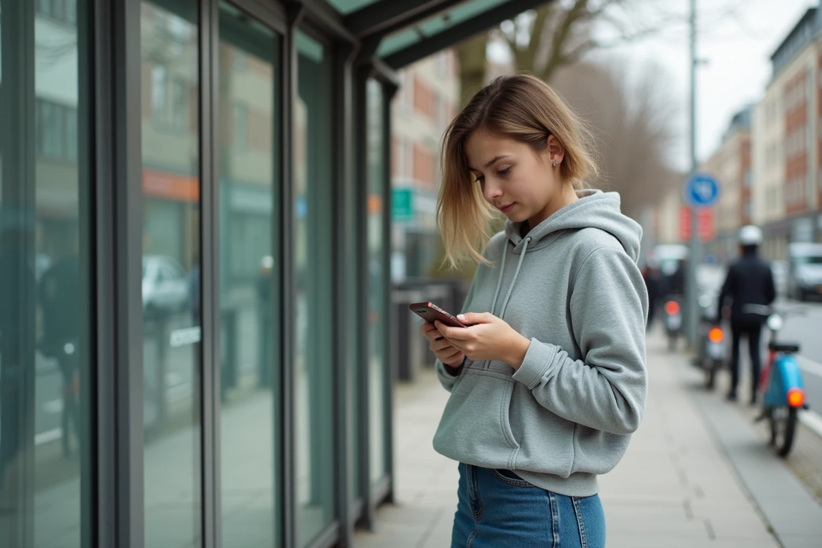 Jeune fille en hoodie utilisant un ancien téléphone Sony Ericsson dans la rue