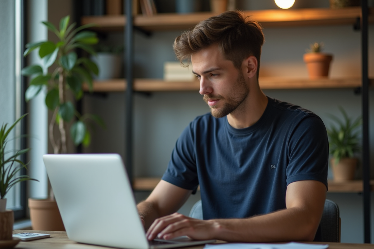 Jeune homme au bureau avec ordinateur portable et dashboard WordPress