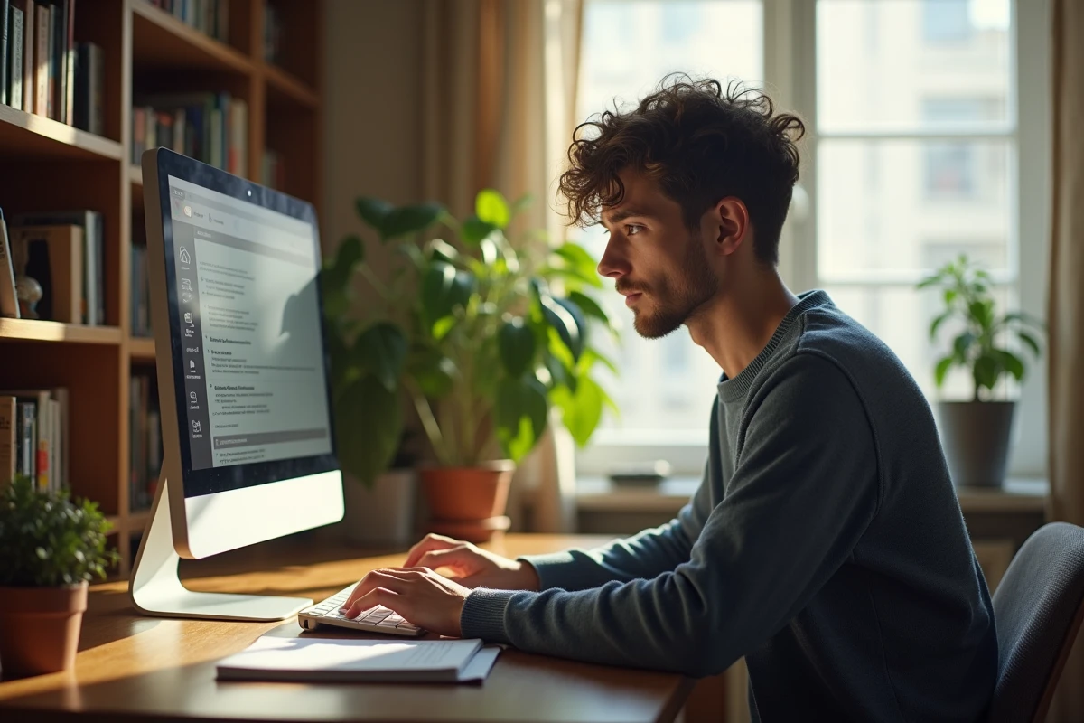 Jeune homme en sweater travaille sur son ordinateur à la maison