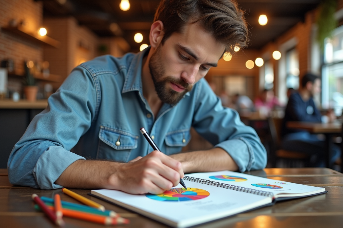 Jeune homme esquissant un graphique dans un café