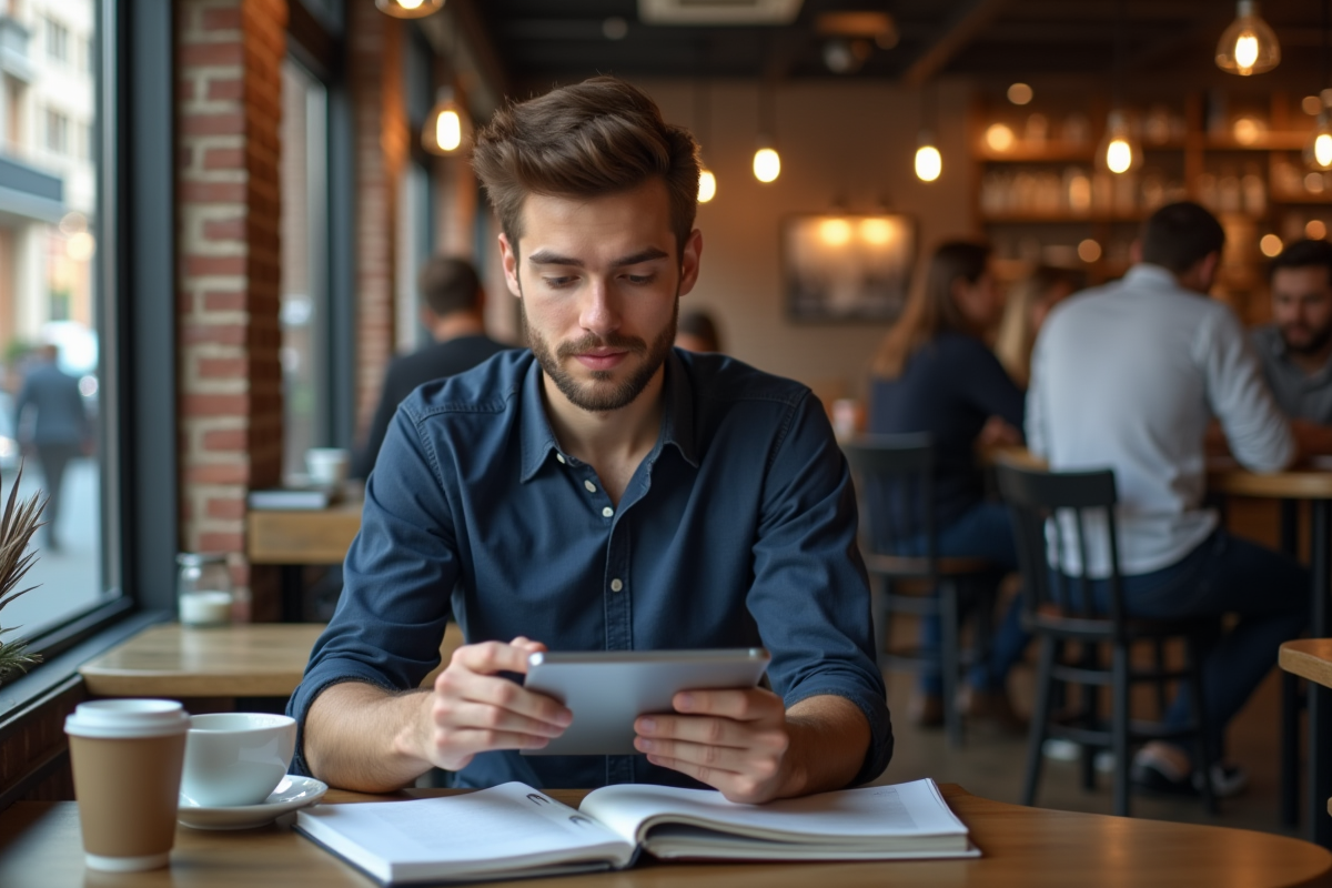Jeune homme étudiant dans un café urbain avec tablette et carnet