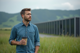 Jeune homme regardant un centre de données moderne en campagne