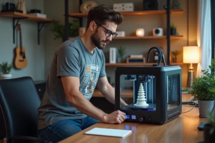 Jeune homme utilisant une imprimante 3D dans un bureau moderne