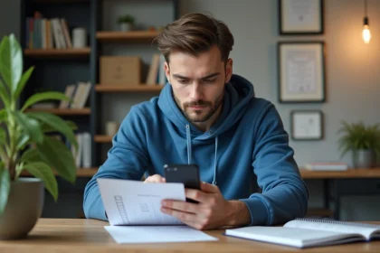 Jeune homme concentré avec smartphone et checklist dans un bureau