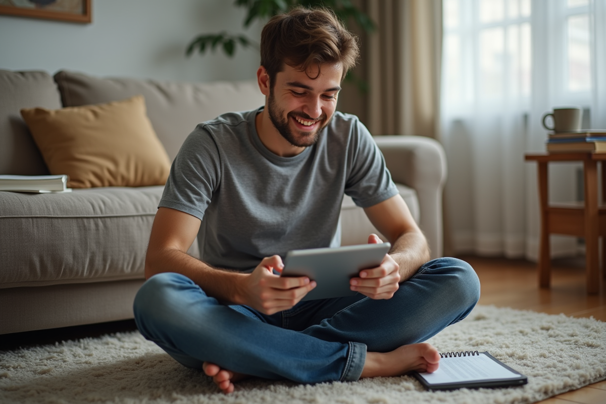 Jeune homme souriant avec tablette dans un salon cosy