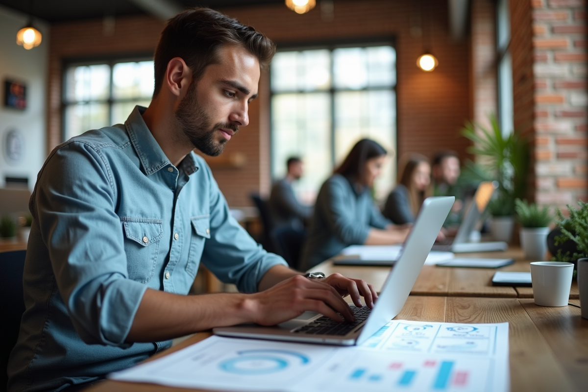 Jeune analyste marketing travaillant sur un ordinateur portable