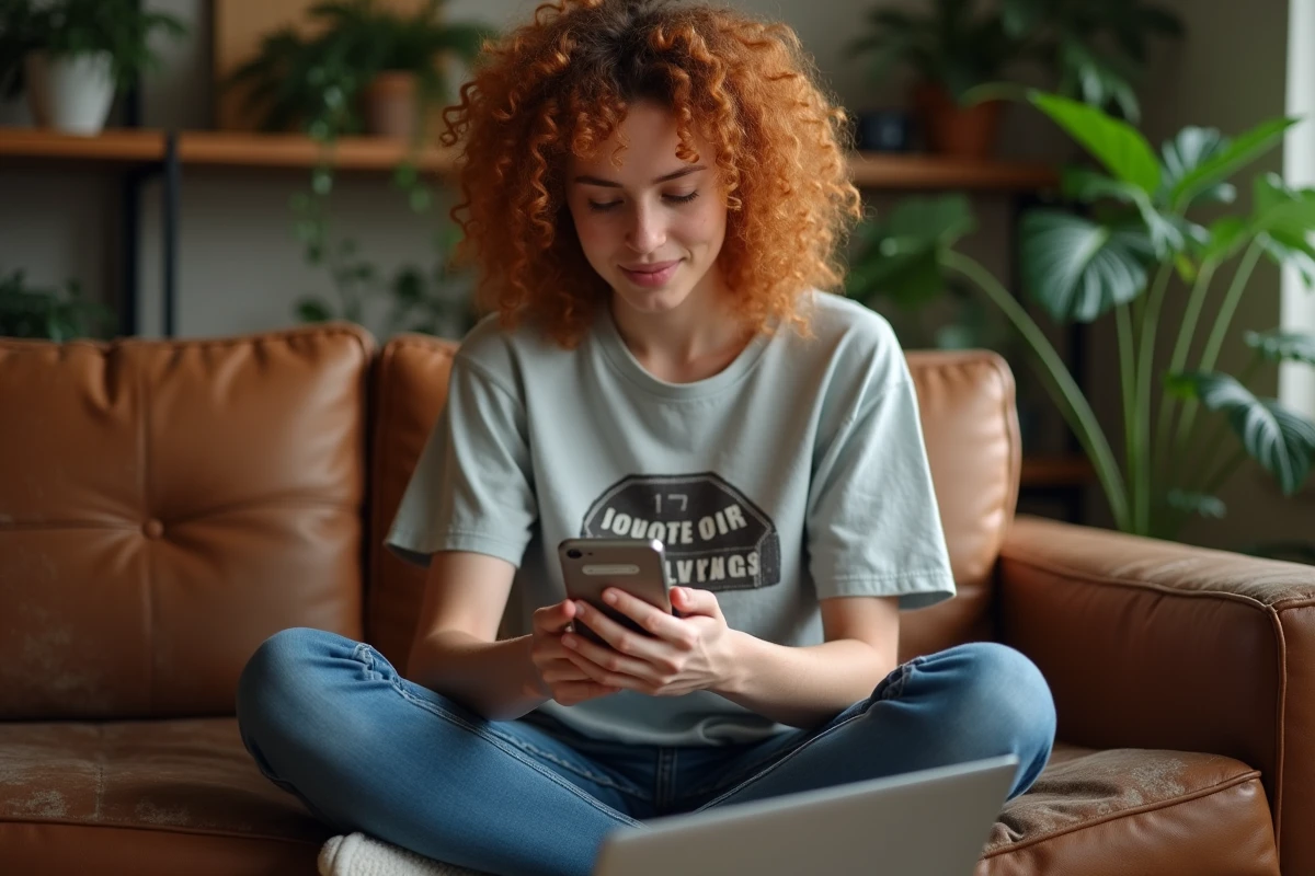 Jeune personne retrouvant un mot de passe oublié sur Chrome depuis un smartphone dans un salon