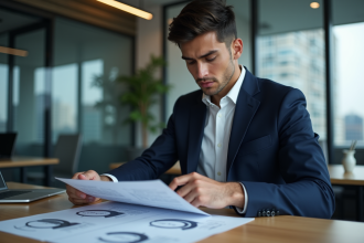 Jeune homme en costume regardant des diagrammes blockchain dans un bureau moderne