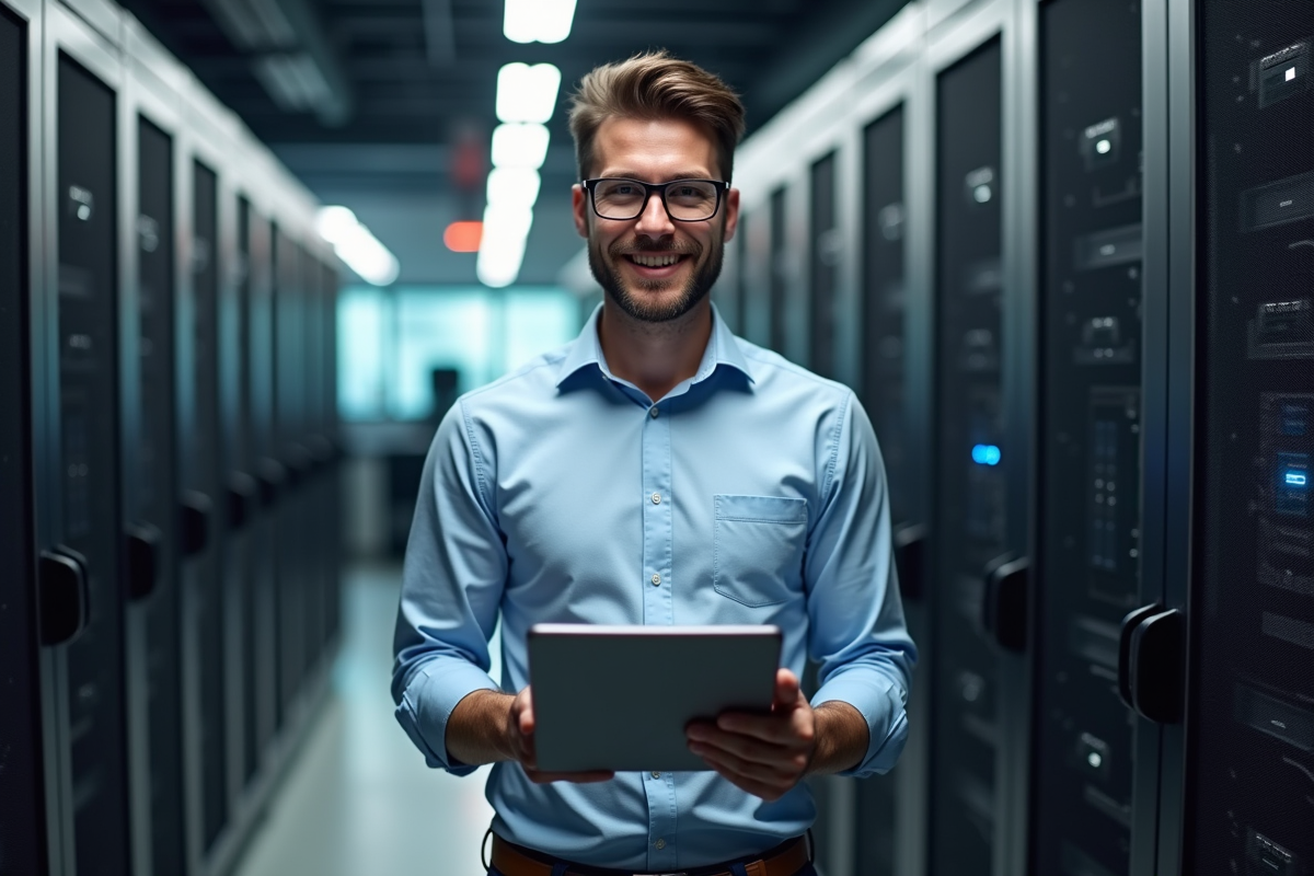 Jeune spécialiste informatique tenant un diagramme de serveur sur tablette