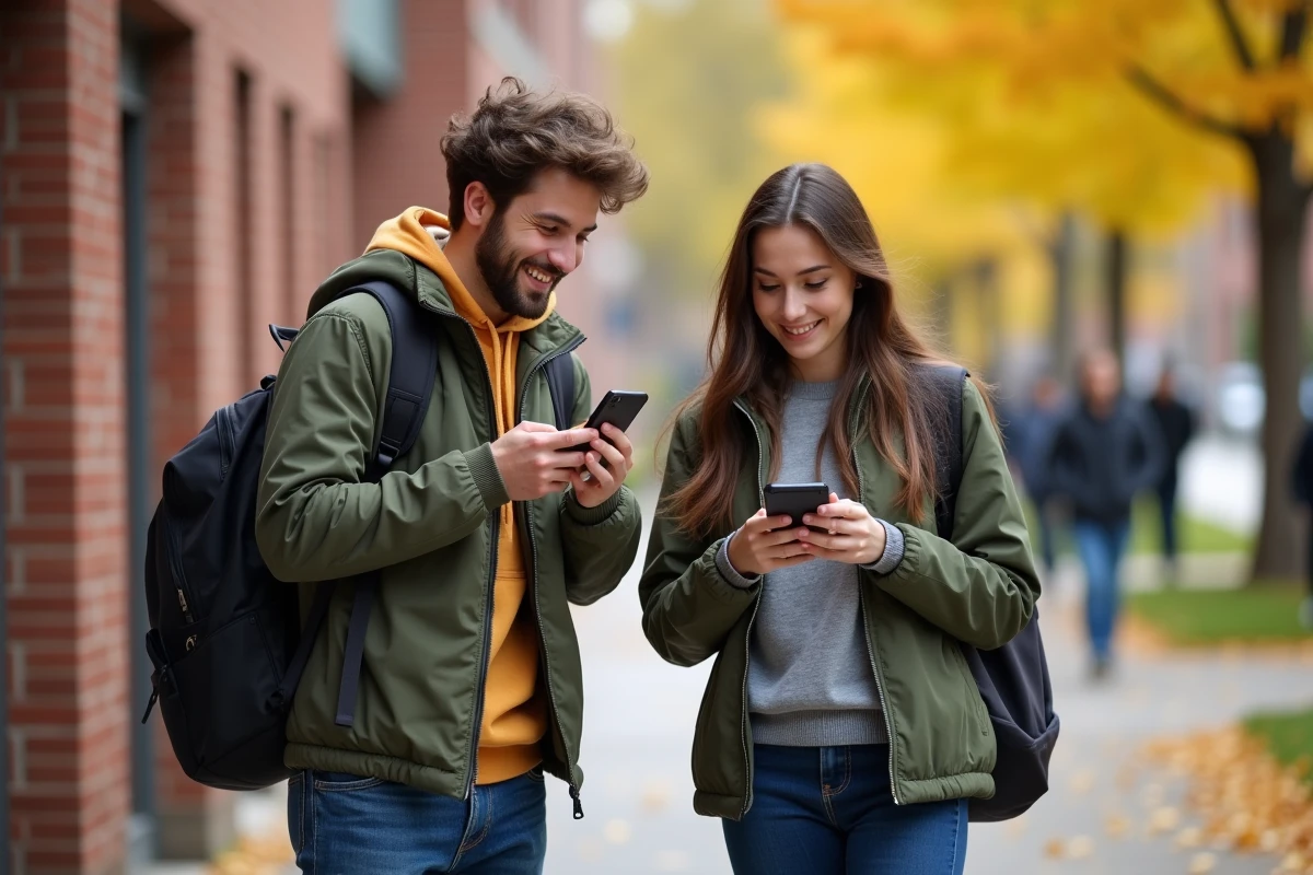 Deux étudiants discutant dehors près du bâtiment universitaire