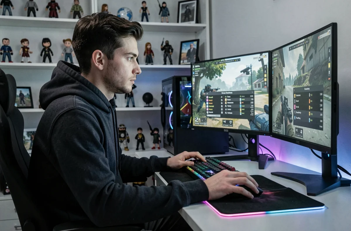Joueur de CS2 concentré devant son PC gaming avec affichage des rangs sur écran, ambiance setup moderne