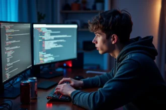 Joueur frustré devant un écran d'erreur de crash sur PC gaming avec setup bureau encombré