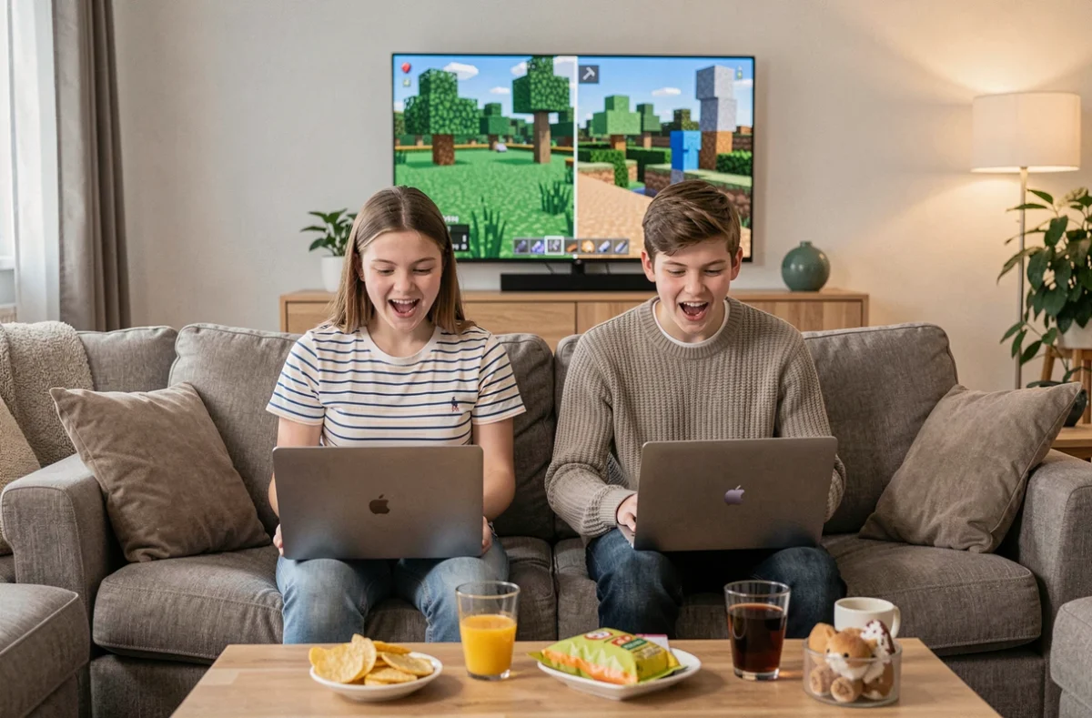 Deux adolescents jouant ensemble sur un serveur multijoueur Minecraft Pokémon en mode coopératif