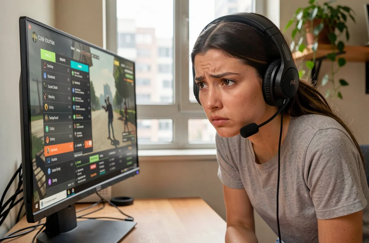 Joueuse CS2 analysant son historique de rangs sur écran avec expression déterminée, bureau home office urbain