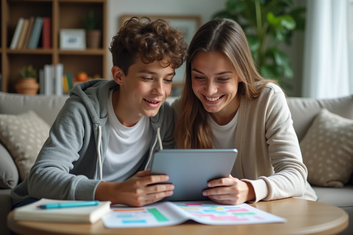 Mère et fils travaillant ensemble sur une tablette