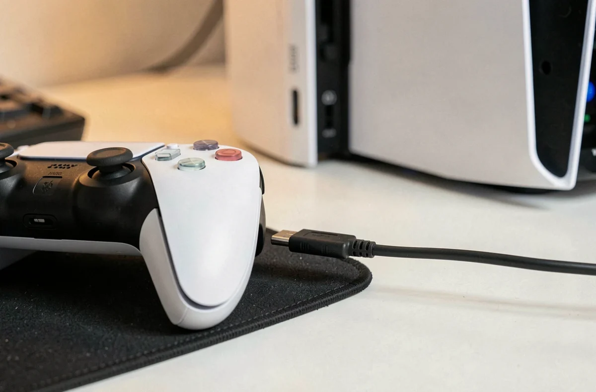 Manette PS5 DualSense connectée en USB-C à un PC, posée sur un bureau gaming blanc