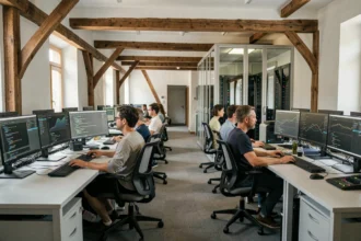 Vue d'ensemble d'un espace de travail informatique moderne dans l'Eure, avec des professionnels travaillant sur des postes informatiques