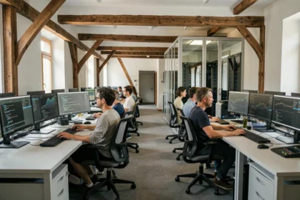 Vue d'ensemble d'un espace de travail informatique moderne dans l'Eure, avec des professionnels travaillant sur des postes informatiques
