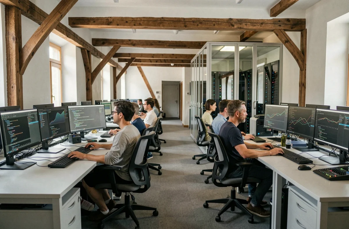 Vue d'ensemble d'un espace de travail informatique moderne dans l'Eure, avec des professionnels travaillant sur des postes informatiques