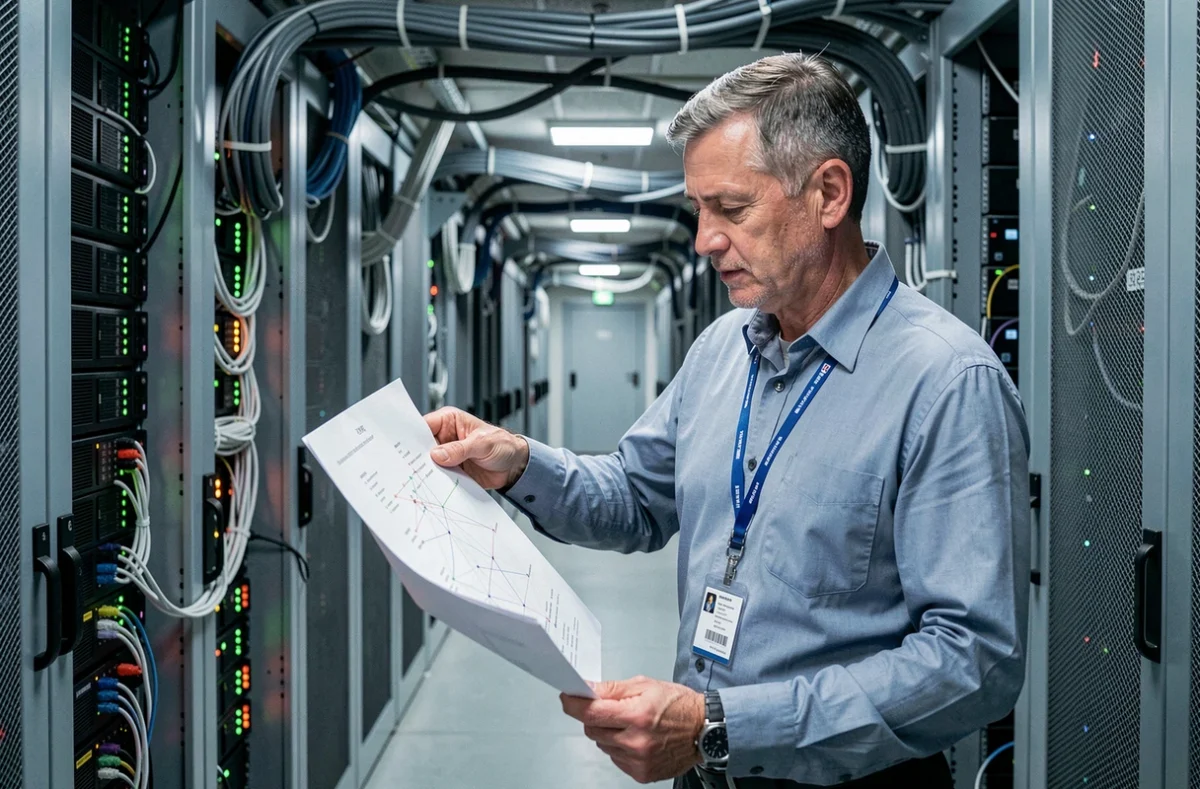Ingénieur infrastructure de MTSI 27 inspectant une salle de serveurs et un schéma réseau dans un datacenter de l'Eure