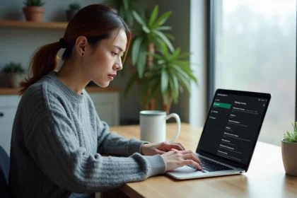 Femme utilisant un MacBook Pro pour nettoyer le cache système après une infection malware dans un bureau à domicile